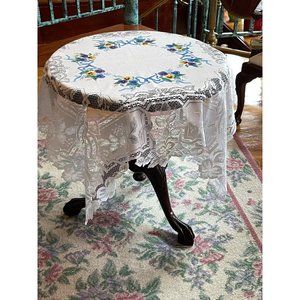 Vintage Tablecloth Doily Small Square 35” x 35” White Lace Pansies Ribbons Bows